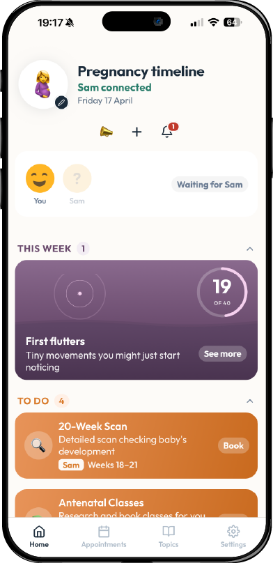 Home screen with This Week ring, partner connected and timeline cards