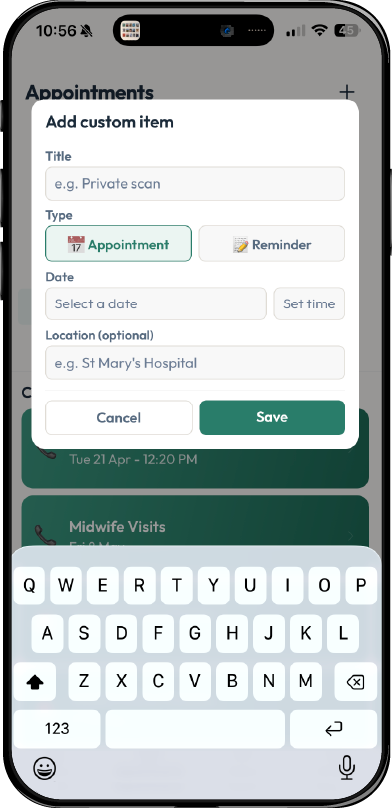 Add a custom appointment with date, time and location