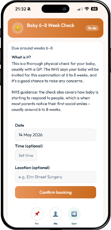 Baby 6-8 week check detail card with active booking