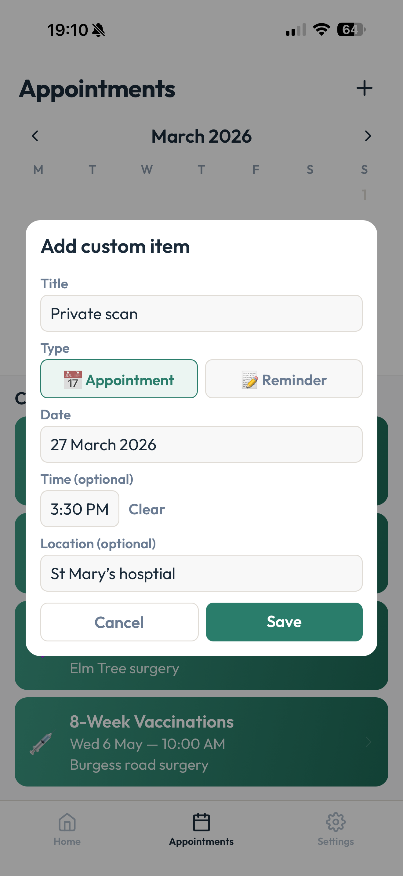 Add a custom appointment with date, time, and location