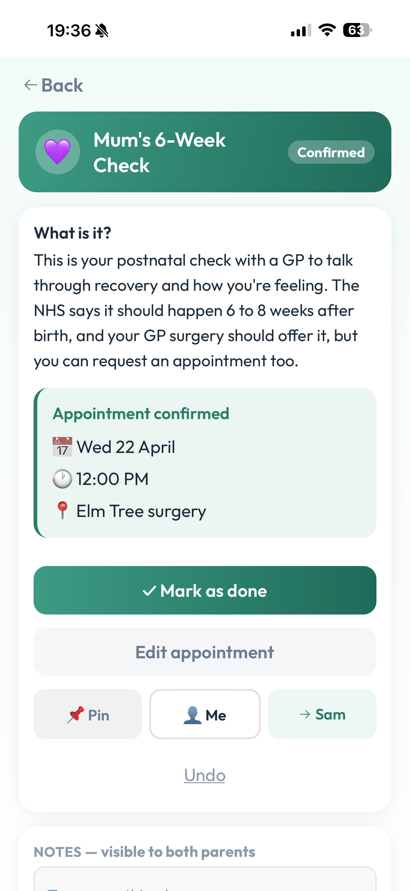 Mum's 6-Week Check - confirmed appointment with full details